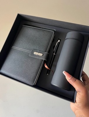 Black Journal Notebook Gift Set with Pen & Insulated Mug   Business Holiday Gift