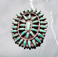 NATIVE AMERICAN ZUNI HANDMADE GREEN TURQUOISE BROOCH PENDANT