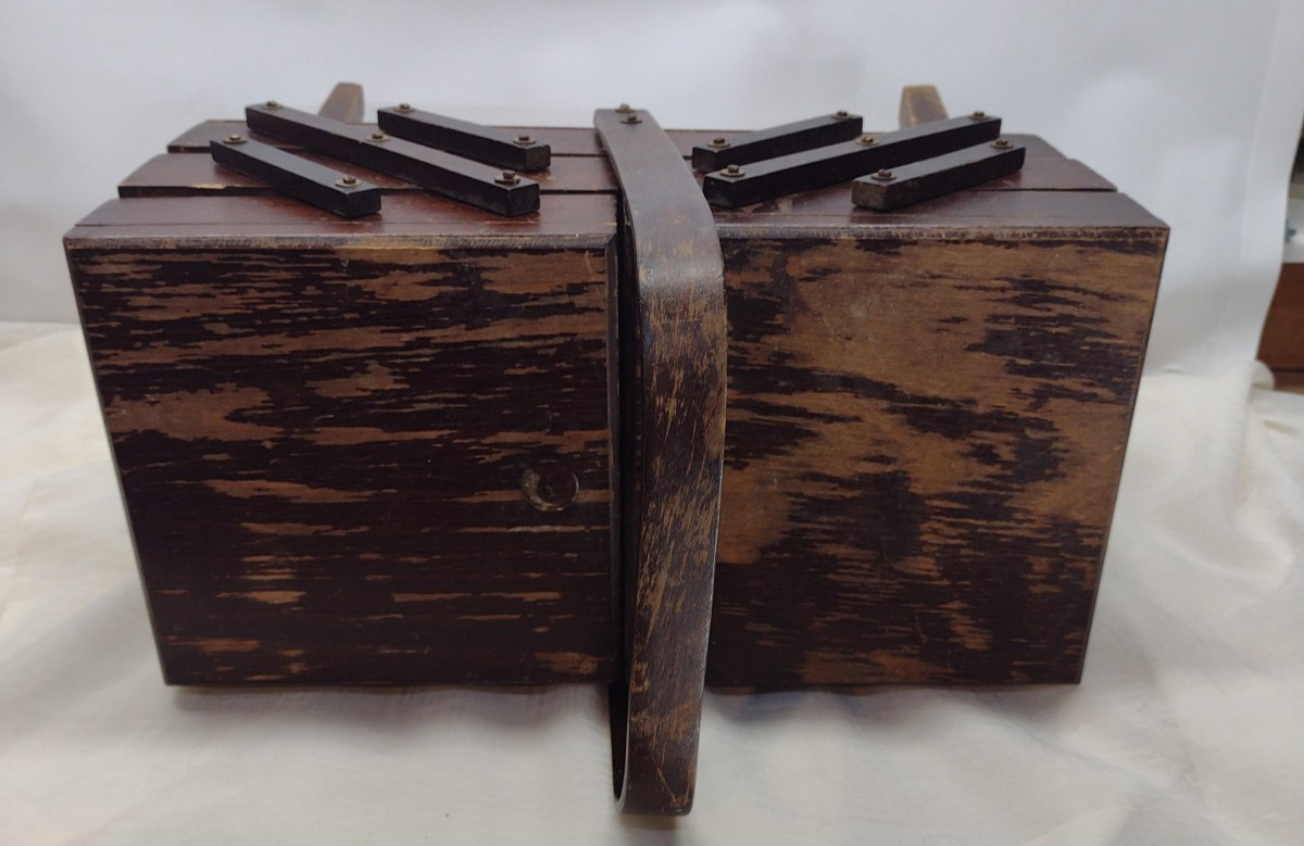 Vintage Wood Sewing Box Accordion 3 Tier Fold Out For Restoration 1991 Restore