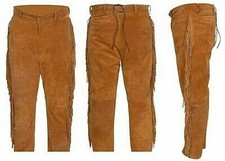 Men Western Cowboy Leather Pants Full Leg Fringe Suede Leather