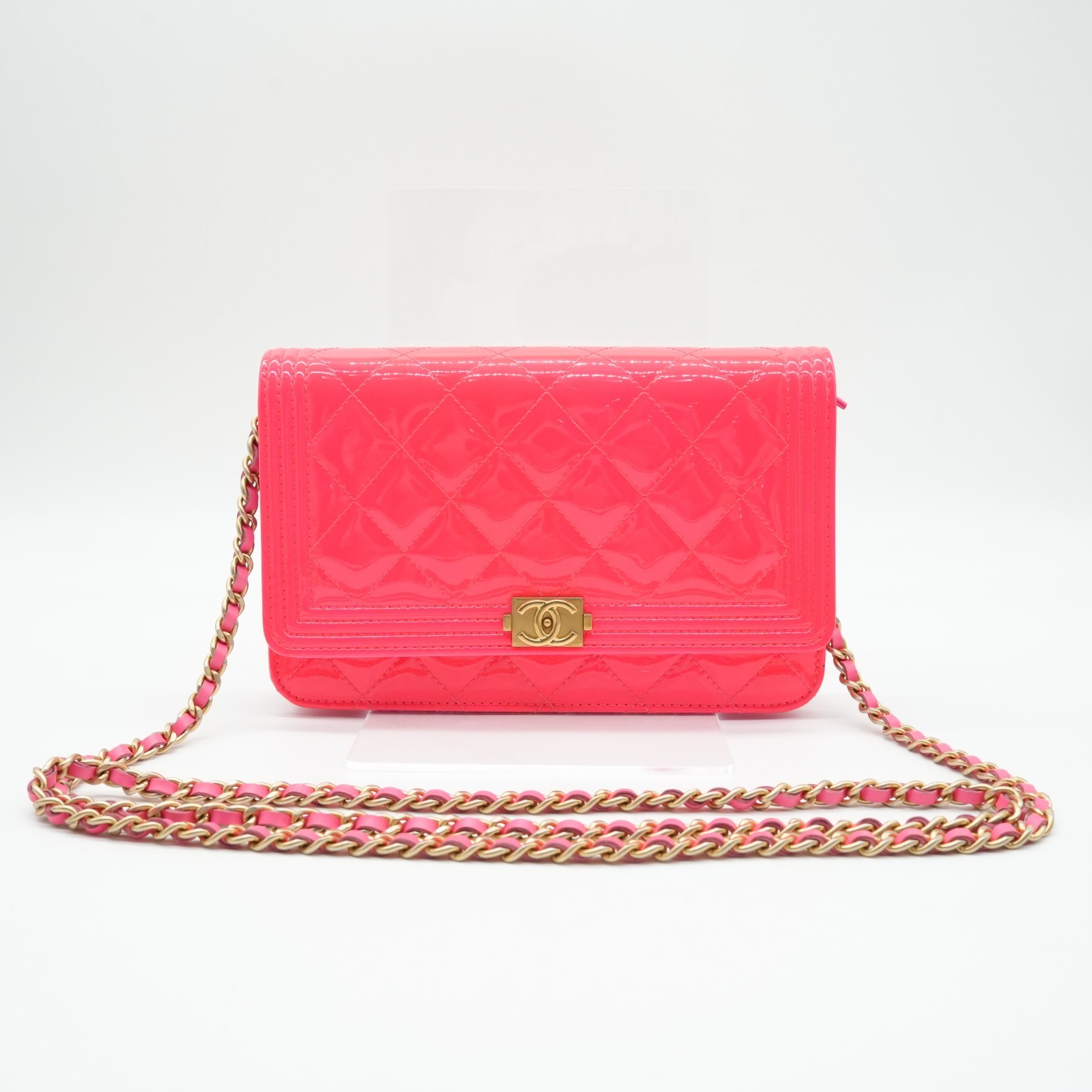 Authentic Preloved Chanel Neon Boy Wallet On Chain In Pink Patent Leather