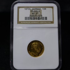 GERMANY - PRUSSIA , GOLD 10 MARKS 1872 A - NGC MS 67 .1152 AGW