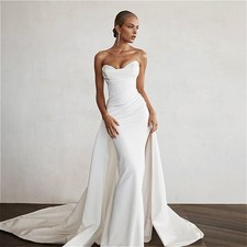 Elegant Satin Strapless Mermaid Wedding Dress Slit Detachable Train Bridal Gowns