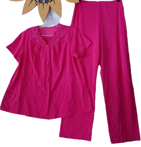 Vintage Shadow Line Hot Pink Silky Nylon Sissy Top & Pajama Pants Set Shadowline