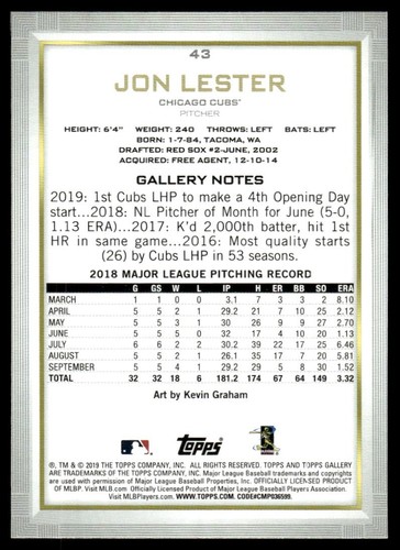2019 Topps Gallery #43 Jon Lester - Picture 2 of 2