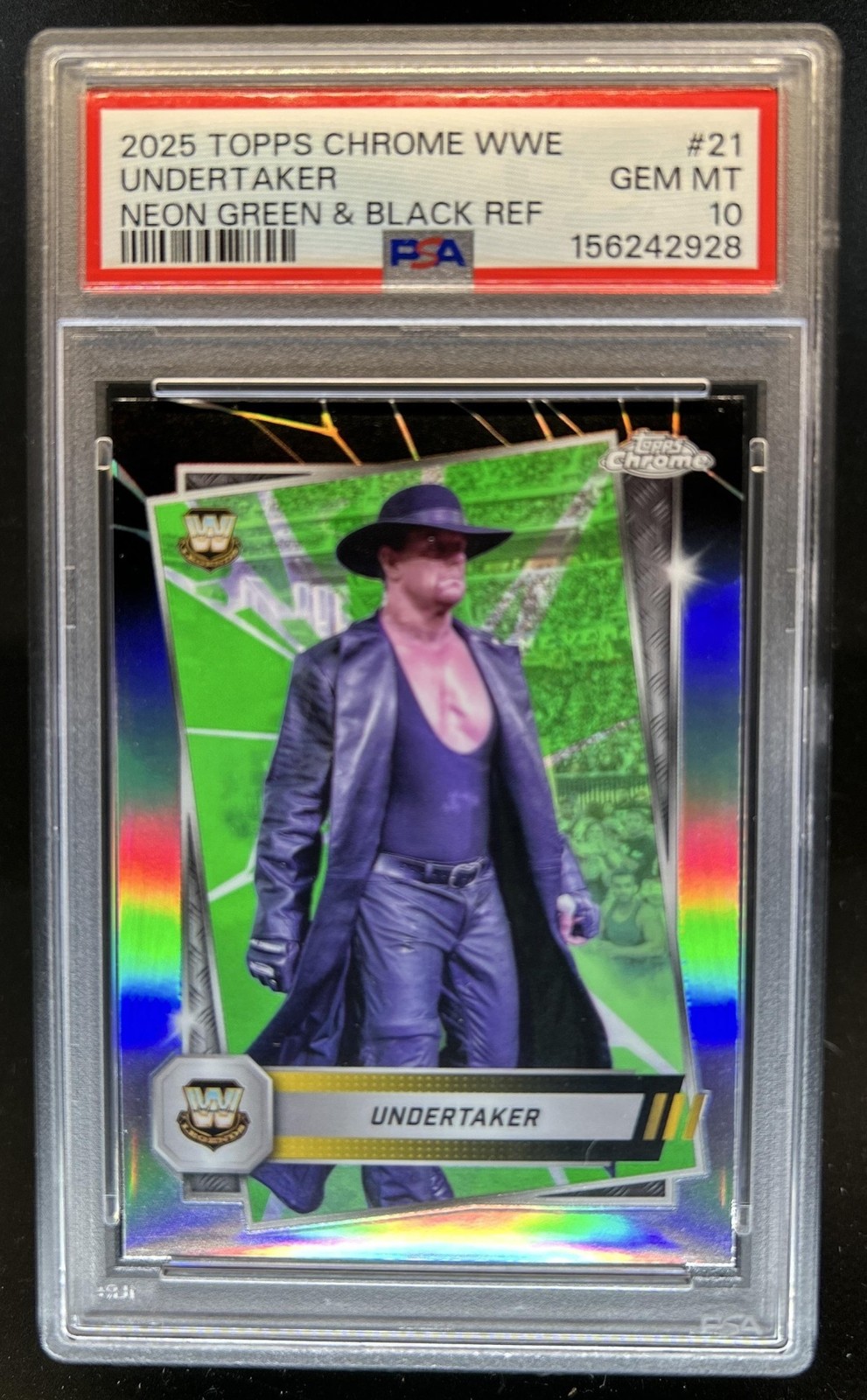 2025 Topps Chrome WWE Undertaker Neon Green and Black Refractor #21 PSA 10 view 1
