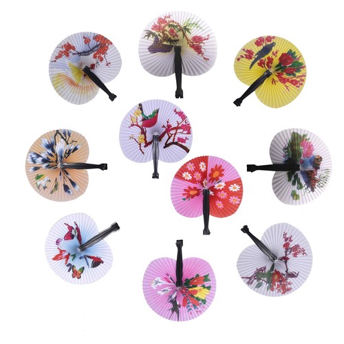 20 Pcs Folding Handheld Fans Paper Chinese Oriental Floral Wedding Round Shap...