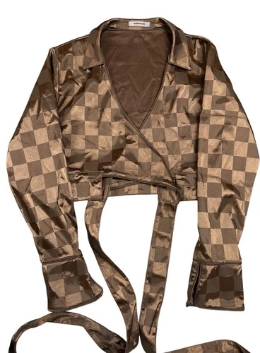 Manière De Voir Brown Checkered Satin Crop Wrap Top Blouse - Women’s Size 10 - product listing photo