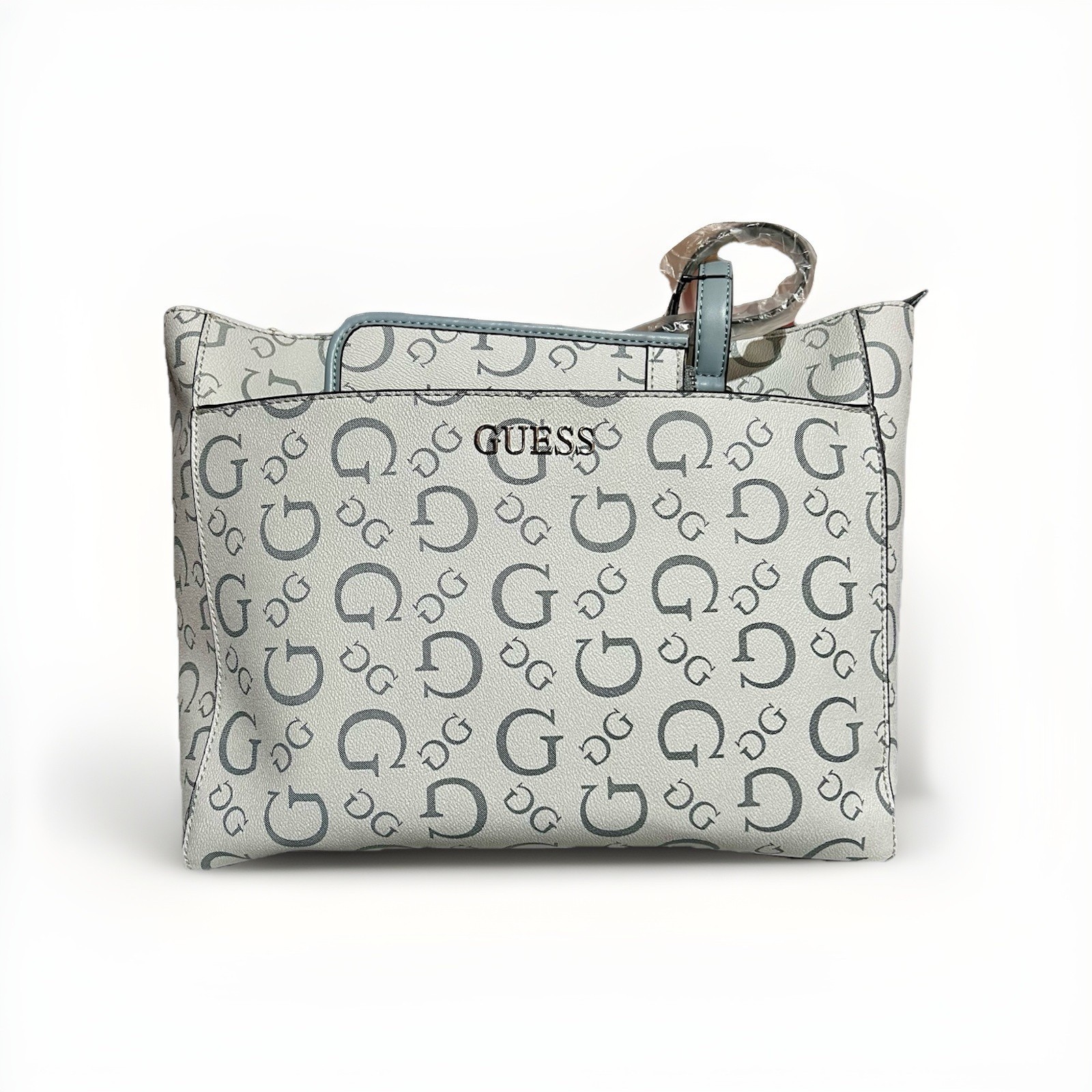 GUESS Gray Logo Shoulder Bag with Pouch, Designer Monogram, Women's Casual Tote