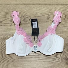 Boux Avenue white pink floral underwire sardina plunge bikini swim top size 32 C