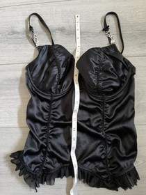 Ann Summers Black Satin & Diamonte Ruched & Frilled Corset Top Size 36C