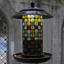elfonsol Solar Bird Feeder Outdoor Hanging - Mosaic Glass, LED Light, 1.5lbs