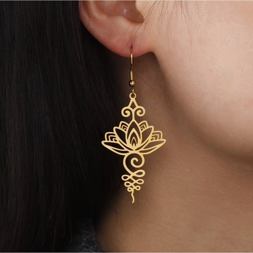 Pendientes Flor de Loto Acero Inoxidable Espiritual Budista Zen Joyería NUEVO - Imagen 3 de 5