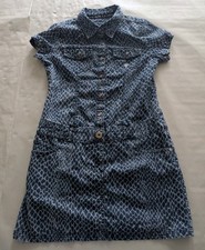 GUESS Blue Animal Print Denim Shirt Dress Short Sleeve Button Logo L (14)