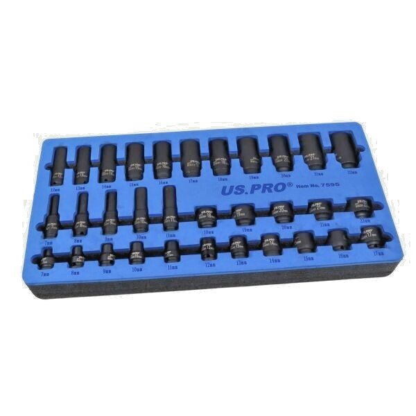 US PRO Tools 32pc 3/8"" Dr 6pt Deep & Shallow Impact Sockets 7mm to 22mm NEW 7595