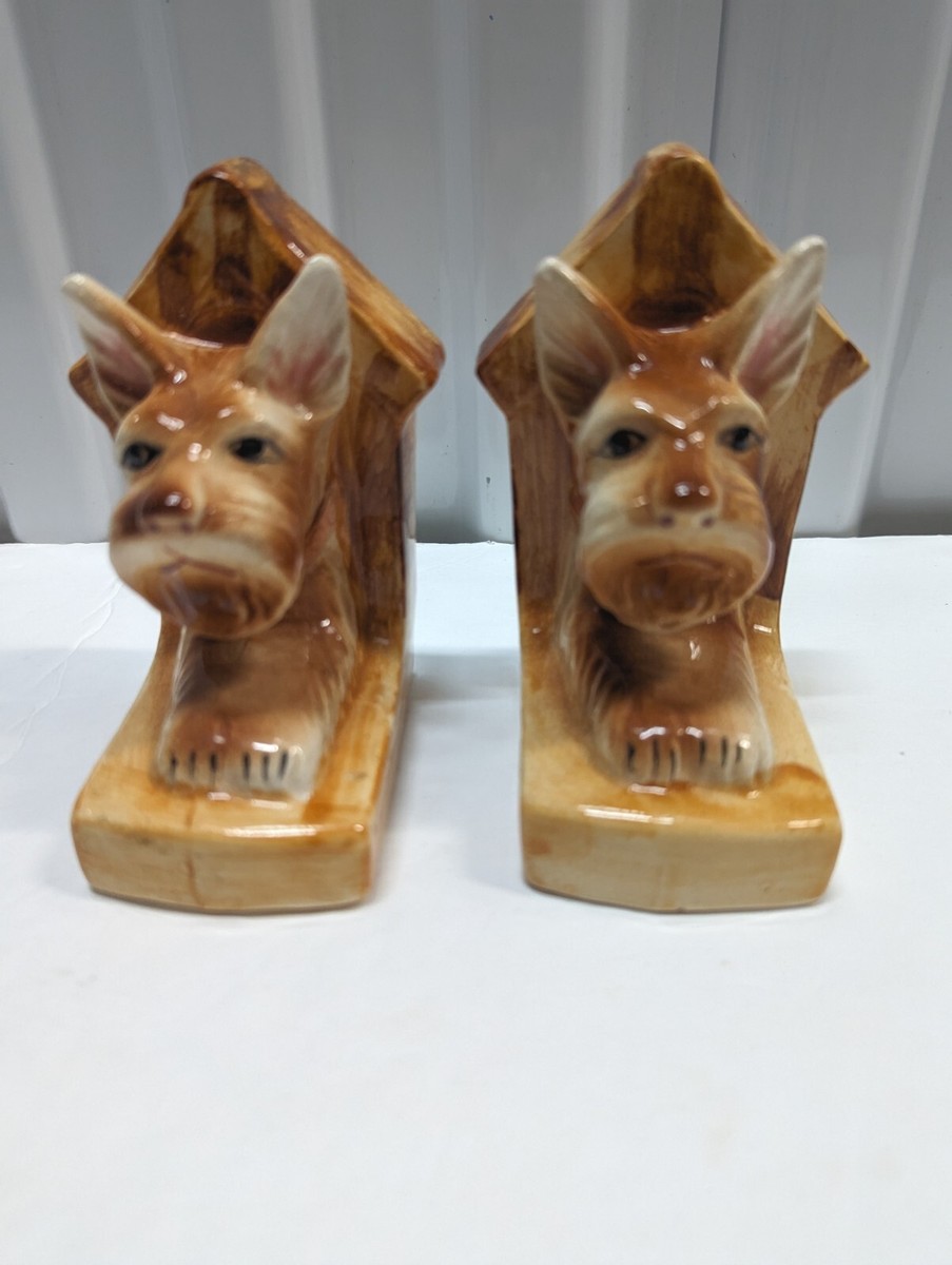 RARE VTG Scottie Dog House Ceramic Bookends Ceramic Japan Korea