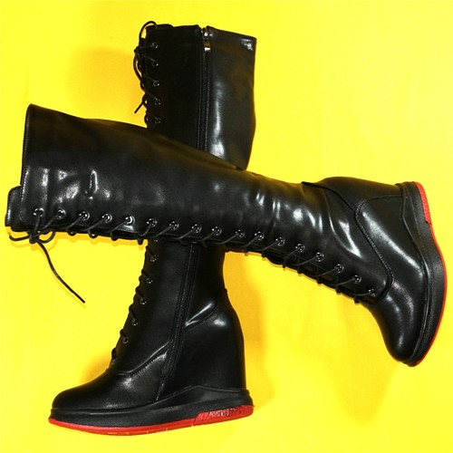 Thigh High Fashion Sneakers Women's Lace Up Leather Wedge High Heels Snow Boots - Picture 5 of 47
