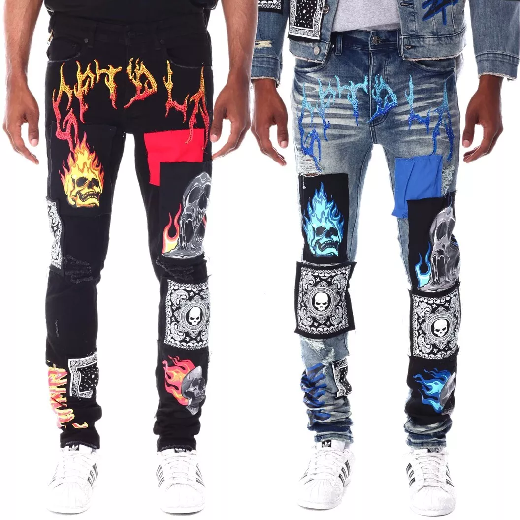 GFTD LA Los Angeles Men s Skinny Fit Panel Patch Fire Skull Distressed Rip Jeans