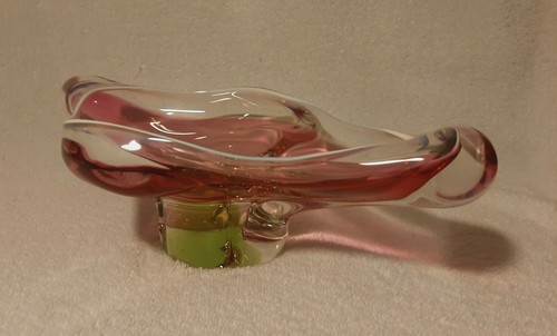 Josef Hospodka CHRIBSKA heavy Czech art glass bowl dish ashtray pink green white - Picture 9 of 12