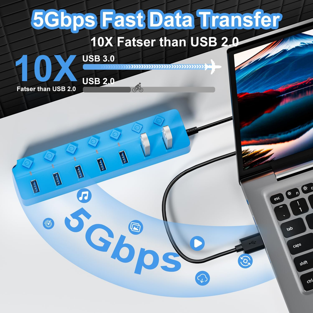 7-Port USB 3.0 Hub with Individual On/Off Switches & LED Indicators