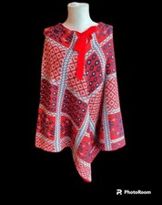 Vintage 1970s Red Knit Southwestern Boho Hippy Blanket Sweater Cape Poncho