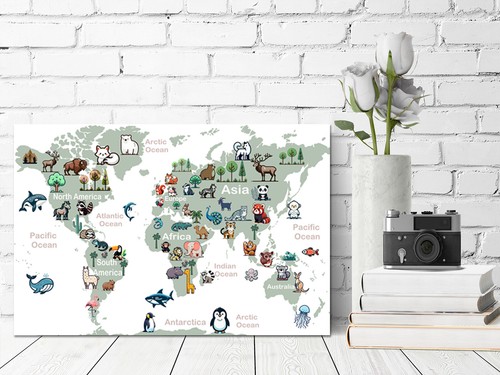 Kids World map Educational Animals Continents Oceans Mounted canvas/ print only - Picture 4 of 10