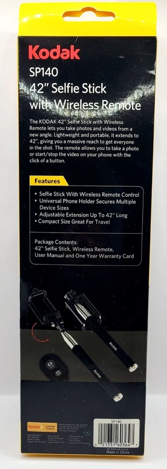 Палка для селфи Kodak SP140 с беспроводным пультом дистанционного управления компактная для путешествий 42 дюйма - Изображение 4 из 4