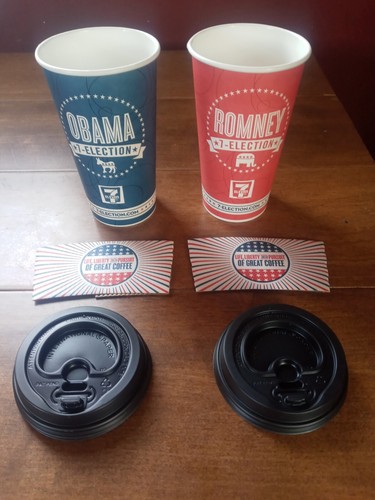 2012 Barack Obama & Mitt Romney 7/11 Cups with heat sleeves and lids