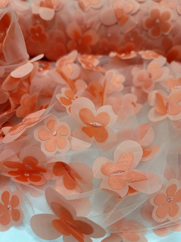 Tecido de malha floral 3D coral borboletas vendido por jarda para vestido de formatura Brida - Imagem 4 de 4