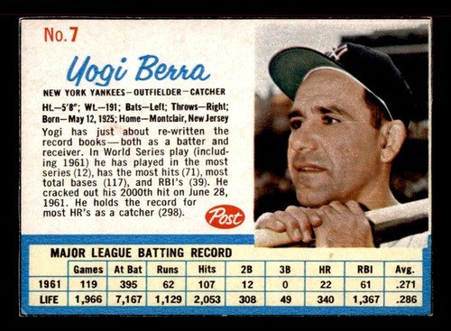 1962 Post Baseball #7 Yogi Berra VG/EX *e1