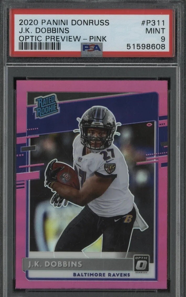 2020 Donruss Optic Preview Pink Prizm #P311 JK Dobbins RC Rookie PSA 9