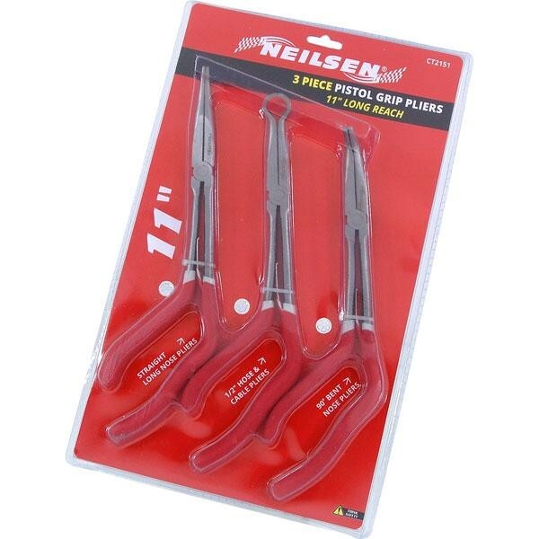 3 Piece 11"" Pistol Grip Long Reach Pliers Set  - Hose Cable Long Nose Pliers