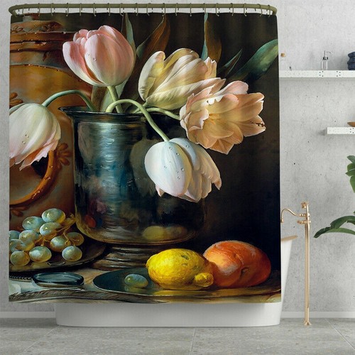 Vintage Flower Shower Curtain Oil Painting Retro Floral Fabric Bathroom Bathtub
