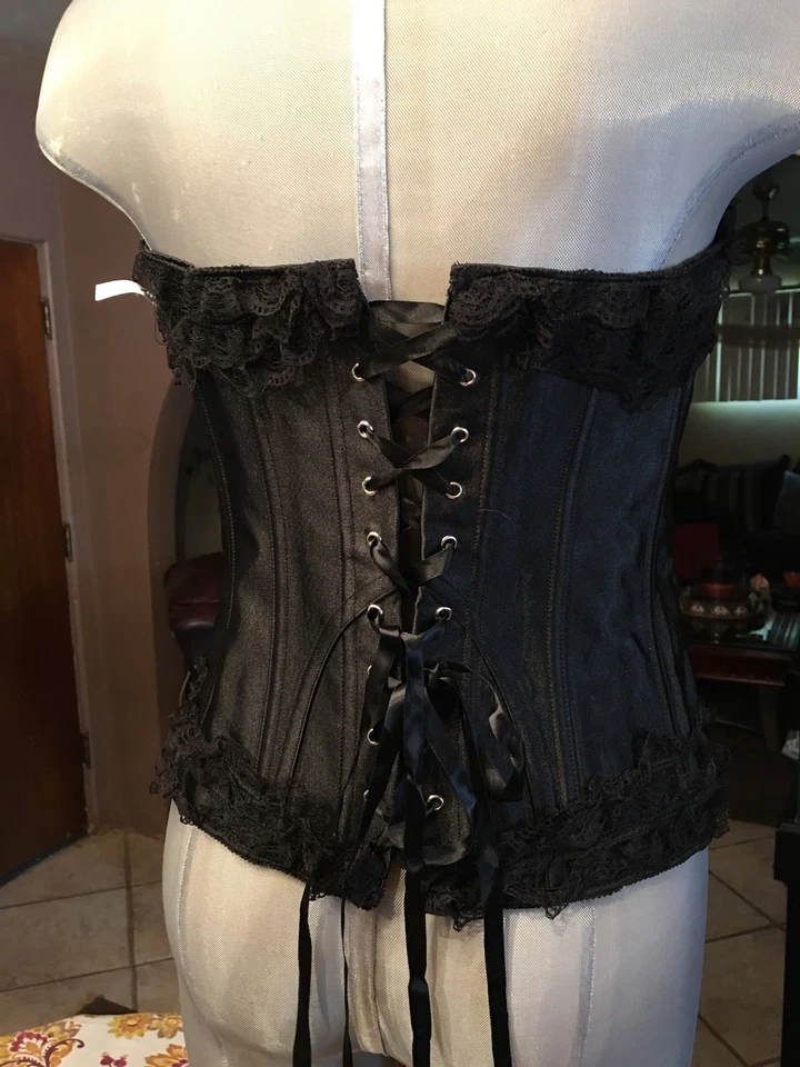 Corsé Felina negro satinado y encaje con cierre de gancho y pasador cinta lazo trasero grande nuevo sin etiquetas Foto 3 de 3