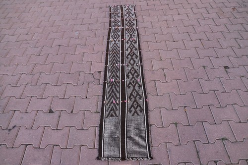 Anatolian Brown Striped Runner Rug Vintage Handmade Cream Hallway Carpet 1x7ft