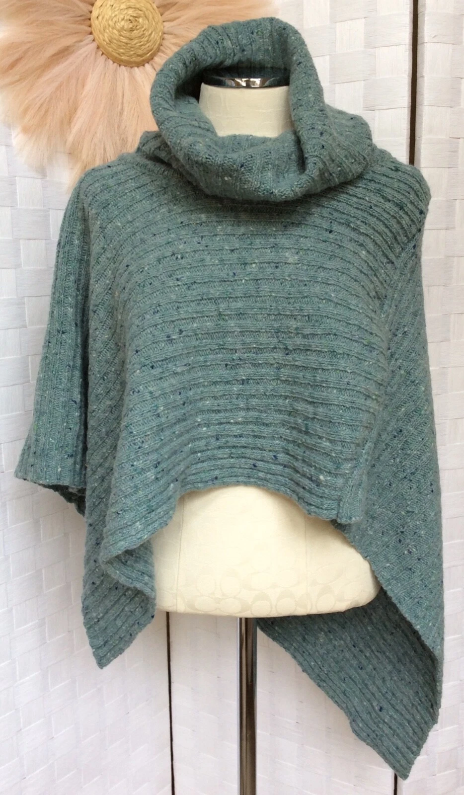 Blarney Woollen Mills 100% Merino Wool Blue Pullover Shawl Poncho Sweater S FXO