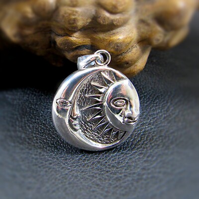 Solid 925 Sterling Silver Crescent Moon & Sun Faces Pendant - Yin Yang Charm