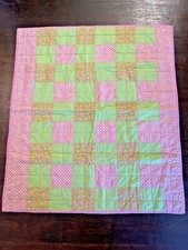 HOMEMADE BABY CRIB PATCHWORK QUILT BRIGHT PINK GREEN FLORALS 48x42 THROW WALL