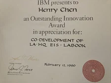 IBM Computers Award Certificate 1990 Co-Development of LA - HQ EIS - LABOOK