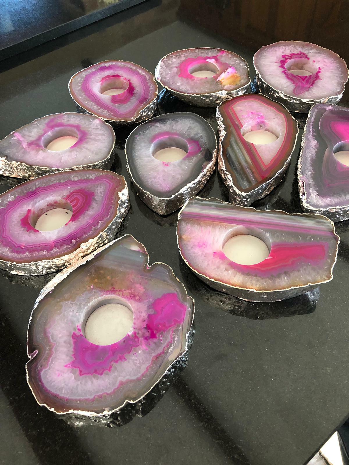 Large Pink Agate Slice Quartz Silver Gilded Tealight Candle Holder
