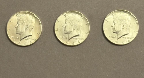 Lot of 3 Beautiful Uncirculated 1964 P Kennedy Silver Half Dollars.