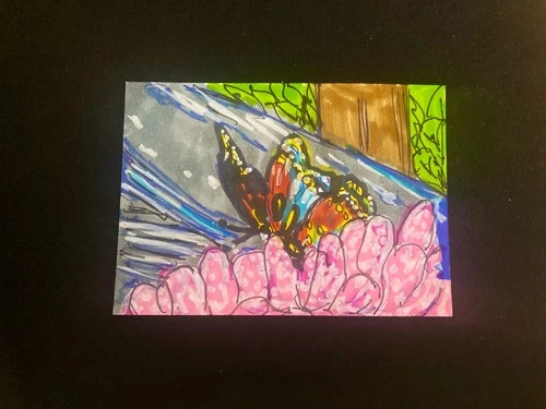 ACEO Original Dolly Inspired Butterfly of Many Colors on Pink Flower Painting