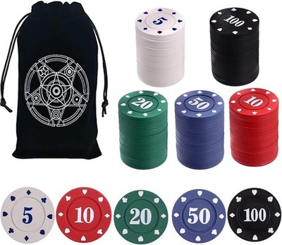 Poker Chips,Denomination Poker Chips Set with Black Velvet Pouch Bag,Plastic ...