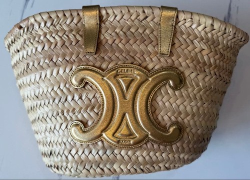 CELINE CLASSIC PANIER Handbag Raffia Natural Metallic Gold Triomphe from Japan