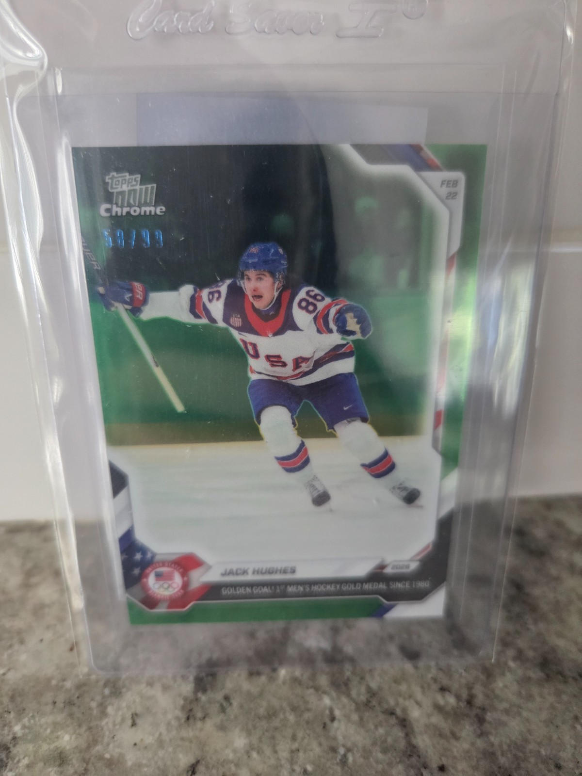 Topps Now Jack Hughes Golden Goal USA Ice Hockey Green Chrome /99