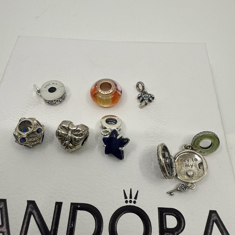 Authentic Pandora 925 ALE Charm Lot 7 Pc Murano Heart Key Star Dangle