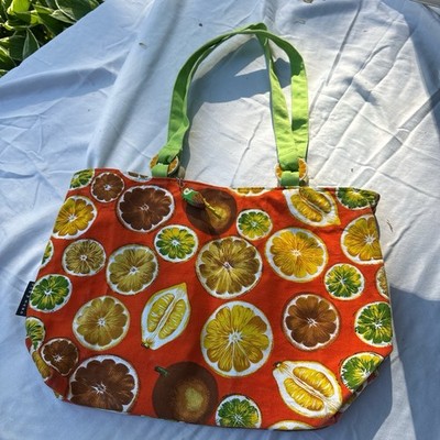 Sun 'N' Sand Fruit Print Tote Bag Green Handles Parrot Charm Orange Yellow