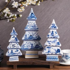 3 Pcs Chinoiserie Christmas Tree Porcelain Table Decoration - Vintage Blue Wh...