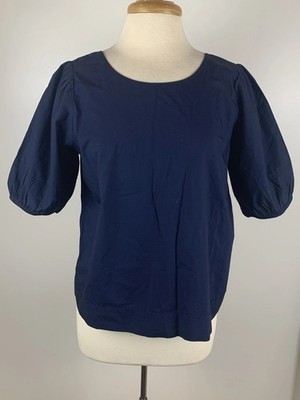 LOFT NWT Medium Top Navy Blue Puff Sleeve Detailed Cut Out Back 100% Cotton