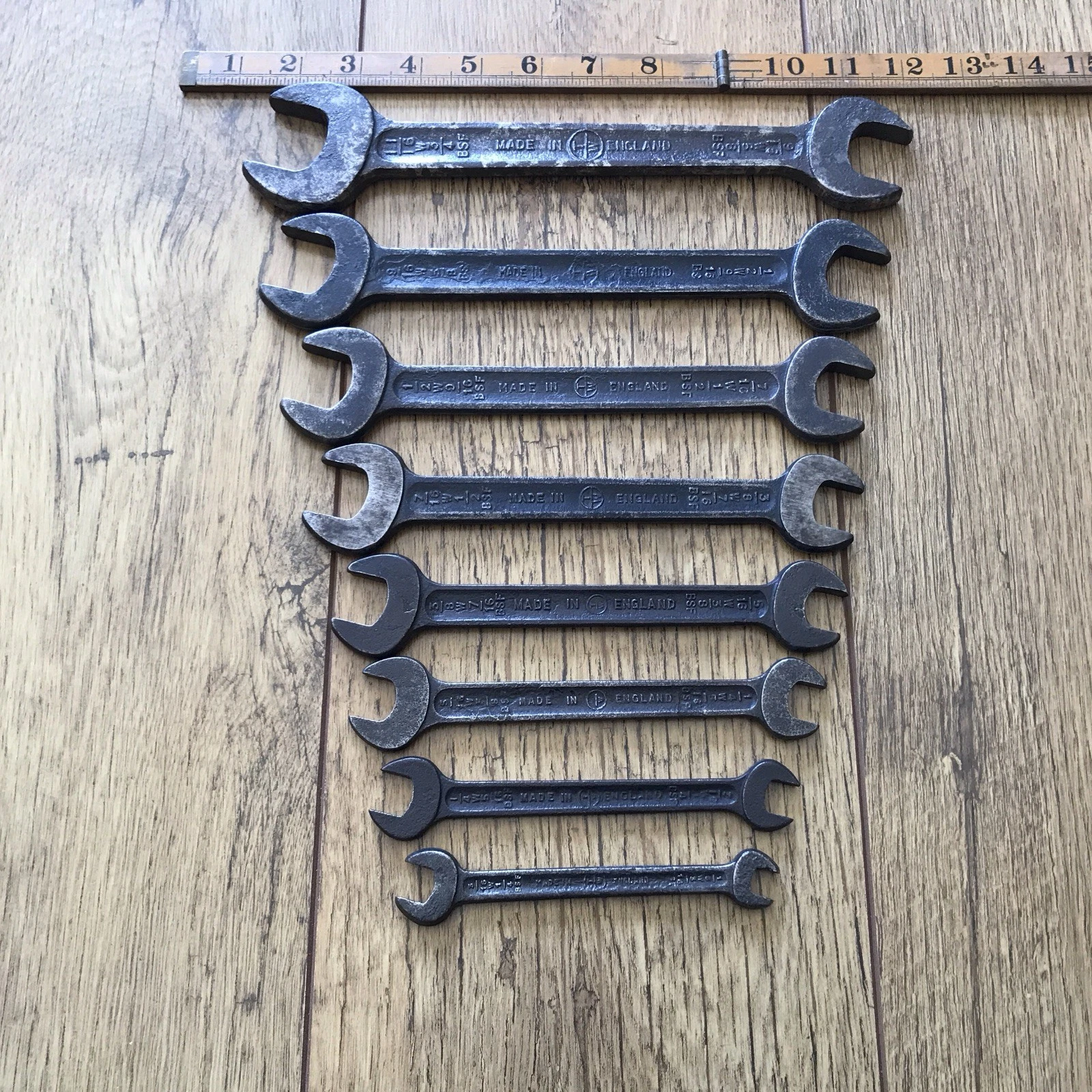 8 Vintage TW Superslim 11/16”To 1/8" Whitworth Spanners With Letter . No 1